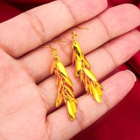24K Gold AU999 Women's Leaf Tassel Earrings -3D Vein Relief + Gold Leaf Tassels, Polished Gold Flattering, Luxury Forest Dynamic