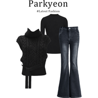 Korean Style Loose Long Sleeve High Collar Sweater Three Piece Set with Flying Sleeves And Jeans for Women Winter Fashion