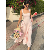 Women's Elegant Solid Color High Waist Pleated Maxi Dress Fashion Square Neck Sleeveless Dress Professional Beach Streetwear