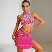 New Latin Dance Professional Competition Women's High-end Customized Pearl Gold Tassel ChaCha Samba Performance Rhinestone Dress