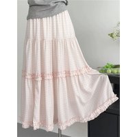 Summer Sweet Pink Polka Dot Ruffle Pleated Skirt Women New Elegant Elastic Waist Long Skirts Korean Fashion Casual Loose Outfits