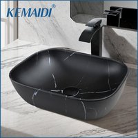 KEMAIDI Marble Vessel Sink Black Bathroom Vessel Sink Faucet and Drain Combo Marble Coated Porcelain Bathroom Sink Above Counter