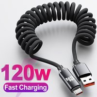 120W USB to Type C Spring Charging Cable Retractable Type C Fast Charging Mobile Phone Data Cord For iPhone 15 16 Samsung Xiaomi