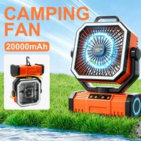 Portable Rechargeable Camping Fan 20000mAh, 4 Speed Wind, Bluetooth Speaker, LED Light, Power Bank for Outdoor Camping Fishing