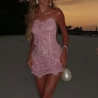 Elegant Sleeveless Backless Glitter Wrap Hips Dresses Seaside Vacation Beads Slim Mini Dress Summer Solid Hollow Out Beach Dress