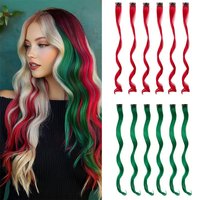12-Piece Pack Women's 20-Inch Long Curly Clip-In Hair Extensions - Heat-Resistant Synthetic Fibers, Red & Green Easy Application
