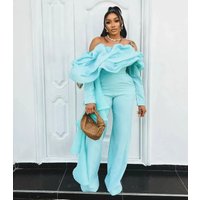 Lake Blue Jumpsuits Prom Dresses For Women Off The Shoulder Ruffles Evening Dress Formal Gown Customized Party vestido de novia