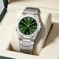 Men's Green Sunburst Dial Watch Silver Stainless Steel Band Minimalist Casual Quartz Wristwatch with Date Black Watch
