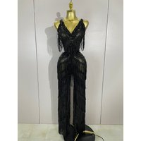 Sparkly Black Rhinestones Sequined Fringe Jumpsuit Women Sexy Nightclub Party Birthday Outfit Show Singer Stage Perform Costume