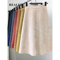 REALEFT New 2025 Autumn Winter Women Suede Midi Skirts High Waist Multi Color Elegant A-Line Skirts Umbrella Ladies Skirt Female