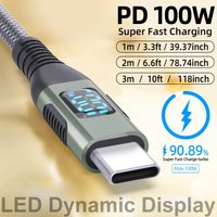 100W Smart Digital Display USB C To Type C Retractable Spring Data Cable Super Fast Charging Cable for Samsung Huawei Xiaomi