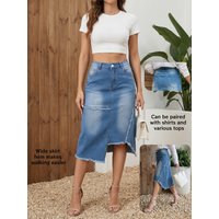 Ladies Casual Daily Stretch Mid-Length Dress Asymmetrical Straight Skirt Furry Edges Comfortable Fit for Various Occasions