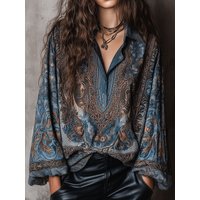 Retro Blue Paisley Print Loose Blouse Women Lapel Button Long Sleeve Basic Shirts Casual Beach Bohemian Tops blusas femmes