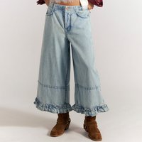 Chic Boho Light Blue Ruffled Hem Jeans Women High Waist Wide Leg Cropped Denim Trousers