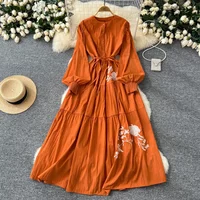Elegant Rose Embroidered Vintage O-neck Chic Long Sleeve Slim Bandage Button Women French Evening High Street Autumn Dresses