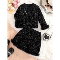Girls' Black Sequin 2-Piece Outfit, Long Sleeve Furry Cuff Top + Feather Trim Mini Skirt, Kids' Party Birthday Outfit