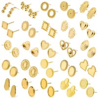 6pcs Real Gold Plated Geometric Round Oval Heart Blank Settings DIY Stone Enamel Crystal Stainless Steel Ear Studs For Women Men