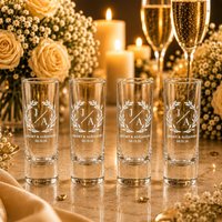 Personalized Wedding Shot Glasses Custom Etched Guest Party Favors Monogram Name and Date for Guests Bridal Shower Keepsake