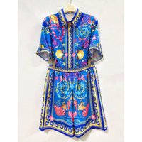 Retro geometric print lapel short sleeved shirt two-piece set 2026 summer women's clothing+loose five quarter pants fashion set