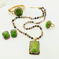 Square Green Tourquoise with Natural Tourmaline Crystal Sets Handmade Beaded Clay Quartz Stone Charm Necklace Earrings Jewelry