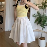 College Style Loose A Line Skirts Women Summer Elastic High Waist Pleated Skirts Woman Japanese Solid Above-Knee Length Skirt