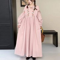 Japanese Sweet Mori Girl Flower Embroidery Cotton Dress Women Spring Lace Up O-Neck Collar Long Sleeve Casual Loose Dresses