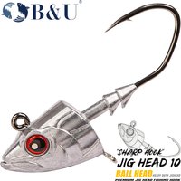 B&U Jig Head Hooks, Heavy Duty Sharp Lead Fish Head Style Jig Heads for Soft Lures, Freshwater Saltwater Hooks