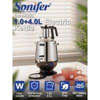 Sonifer Stainless Steel Samovar SF-2139 4L Water Boiler 1L Clear Glass Pot 2200W with 7-Level Keep Warm Anti-Dry Tea Maker
