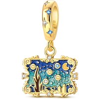 925 Sterling Silver Charms Bead CZ Zircon Gold Van Gogh Starry Night Painting Dangle Fit Original Bracelet DIY Women Jewelry