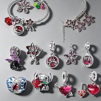 Nuevos dijes de Plata de Leyde Disney con Stitch y Corazón para Pulsera, Cuentas de Flor de Cerezo Rojas, Colgante DIY, Regalo