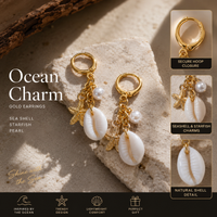 Mermaidcore Gold Color Seashell Starfish Imitation Pearl Earrings for Women Ocean Beach Charm Hoop Jewelry Summer Vacation Gifts