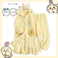 Usagi Chiikawa Cartoon Coral Velvet Pajamas Set Cute Hachiware Thickened Robe Home Clothes Warm Girl's Gift