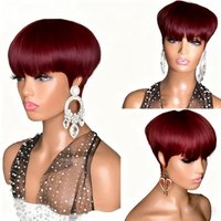 Ombre Color Pixie Short Cut Bob Wig With Bangs Wave Wavy Human Hair Wig Brazilian Natural Wig For Women Machine Made Wig
