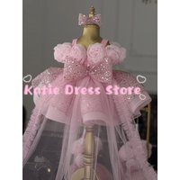 Pink Sequins Shiny Flower Girl Dress For Wedding Tulle Puffy Bow Kids Birthday Party First Communion Ball Gowns Customized