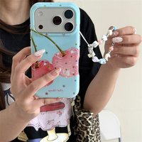 Korean Ins Cherry Print Case For iPhone 15 16 17 Pro Max Cute With Beaded Charm Lanyard Shockproof Cover For Girls iPhone 17 cas