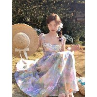 French Elegant Floral Strap Dress Women Sweet Beach Style Korean Fashion Clothing Evening Party Vintage Midi Dress Evening Party