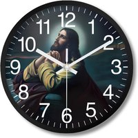 One Piece 8inch Religious Prayer Plastic Glass Wall Clock Living Room Bedroom Kitchen Home Decoration Wall Clock Silent Quartz Clock Easter Gift (No Battery)