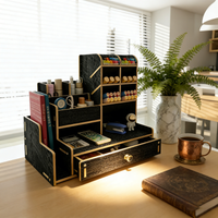 Wood Grain Desk Organizer with Drawer, Multi-Grid Desktop Caddy for Stationery & Accessories