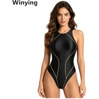 Women Oil Shiny One Piece Bathing Suit Seams Leotards Swimwear Sleeveless High Cut Swim Bodysuit Swimwear for Beach Sunbathing
