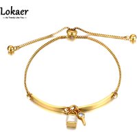 Lokaer Fashion Titanium Stainless Steel Crystal Lock Key Charm Bracelet For Women Adjustable Size Chain Link Bracelet B21102