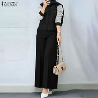 ZANZEA Women Muslim 2 Pieces Sest Hijab Tracksuit Fashion Pant Sets Summer Long Sleeve Patchwork Blouse Trousers Suit Outfits