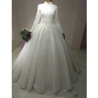 Muslim Arabic A-Line Wedding Dresses For Women Long Sleeves Lace Appliques Bridal Gowns High Neck Tulle Vestidos De Novia