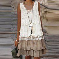 Fashion Layered Design Cake Dress Elegant Lace Patchwork Pullover Mid Dress Summer Vintage Lady O-neck Sleeveless Vest Dresses
