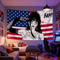 Chainsaw Man Asa Mitaka "BAM!" American Flag Tapestry Anime Wall Hanging Banner for Bedroom Living Room Dorm Home Decor