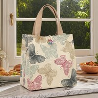 White canvas fashion delicate random butterfly print portable bento bag Fashion handbag tote bag one pack