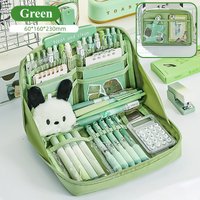 Multilayer 90° Open Pencil Case Large Capacity Green Student Cloth Pen Bags School Stationery Organizer Supply Pencil Pouch