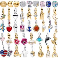 Original S925 Silver Plated Charm Spacer Bead Textured Nature Earth Starfish Stamp Flower Moon Fit Bracelet Gift Fine Jewelry