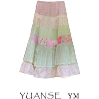 Sweet Style A-Line Skirt Women's Patchwork Floral Waist-Cinching Long Dress Elegant Slimming Midi Skirt Summer 2024