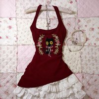 Onalippa 2026 Vintage Black Cat Contrasting Red Necktie Off-shoulder Asymmetrical Waist-concealing Slimming Top Summer