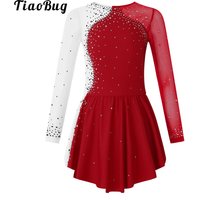 Kids Girls Long Sleeve Shiny Rhinestone Ballet Dance Dress Mesh Splice Figure Ice Skating Dress Stage Performance Costumes